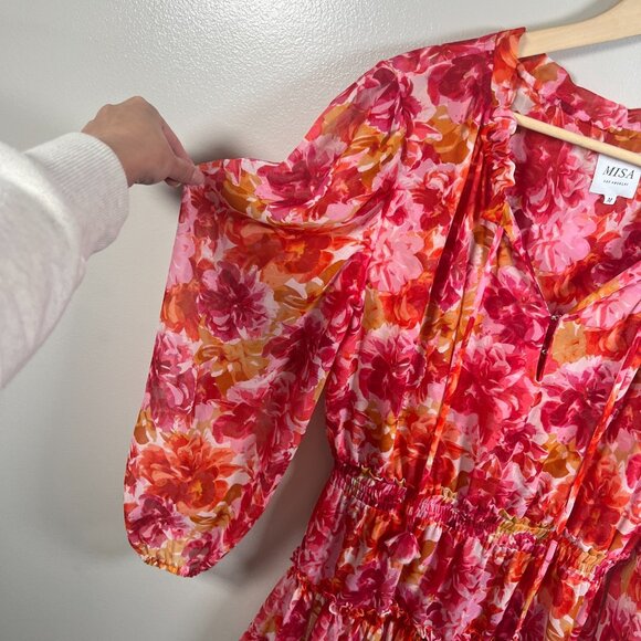 MIsa Clementine Mini Dress Size Medium Floral Pink Red Ruffle Party Wedding - Picture 6 of 13